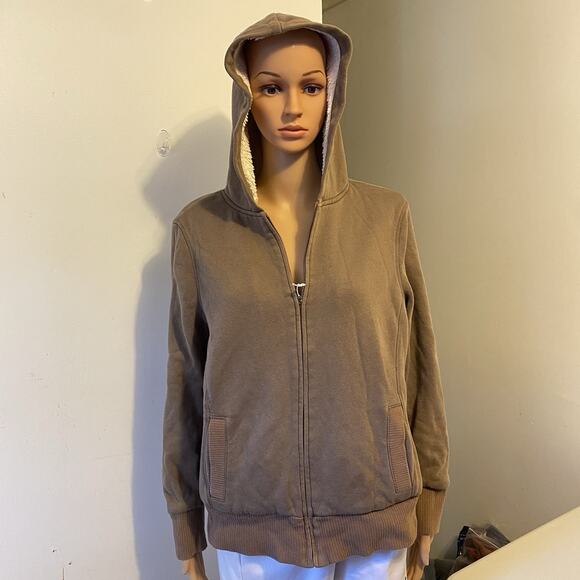 Vintage 90s Old Navy Workers Jacket Women L Brown Sherpa Lined Cotton Thrashed - Picture 1 of 11